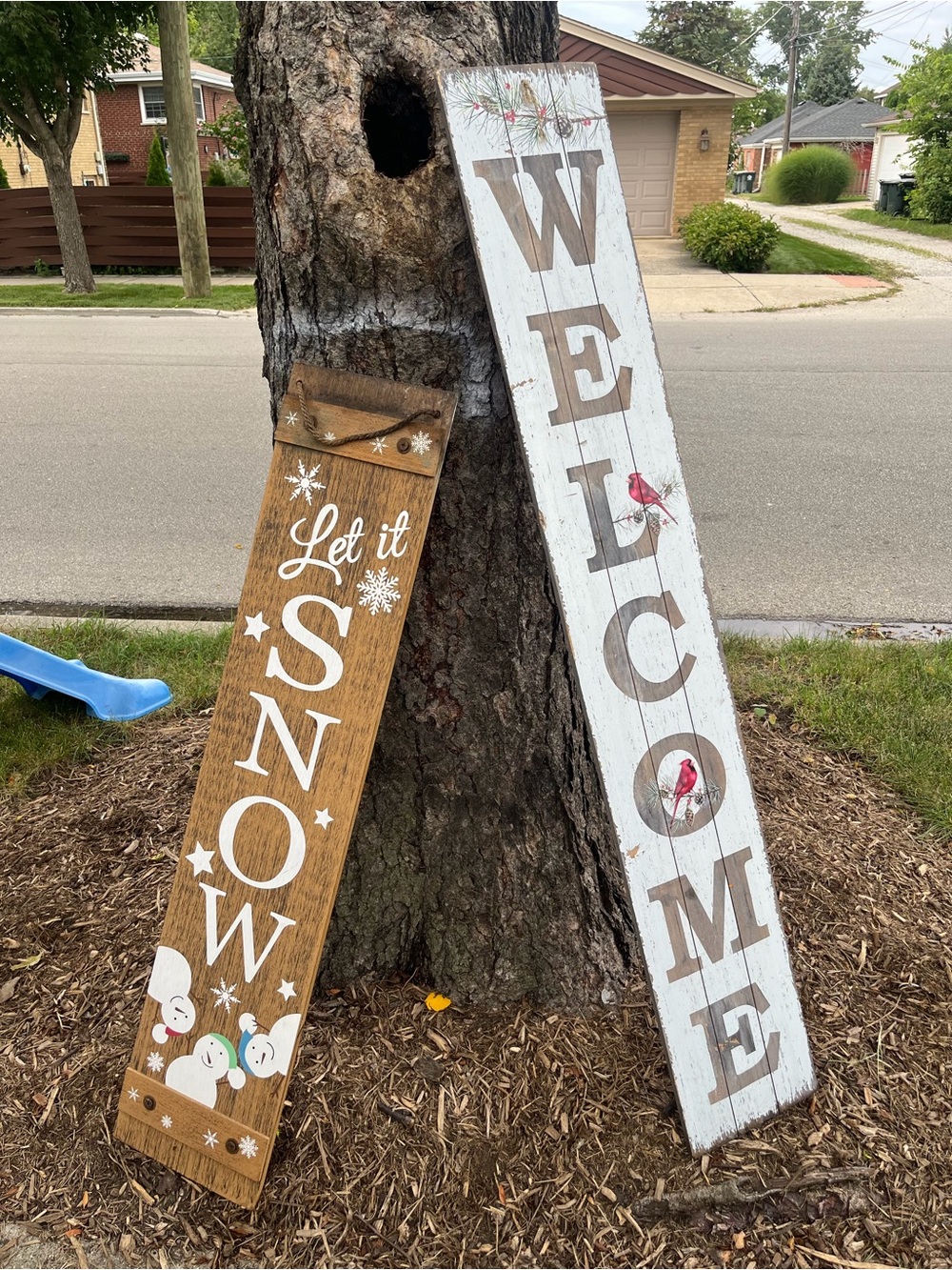 Rustic Wooden Vertical Two Sided Porch Leaner Signs - Welcome and Let It Snow /